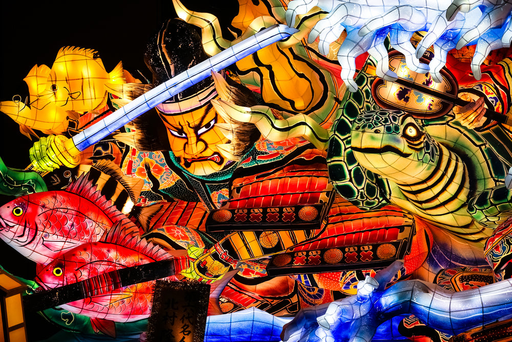  spectacular warrior Nebuta float used for "Aomori Nebuta Matsuri Festival" at Nebuta Museum Wa Rasse in Aomori prefecture Japan